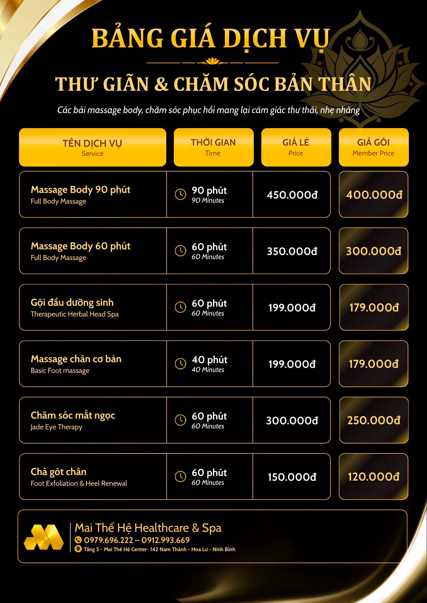 Bảng giá dịch vụ Massage Mai Thế Hệ Healthcare & Spa