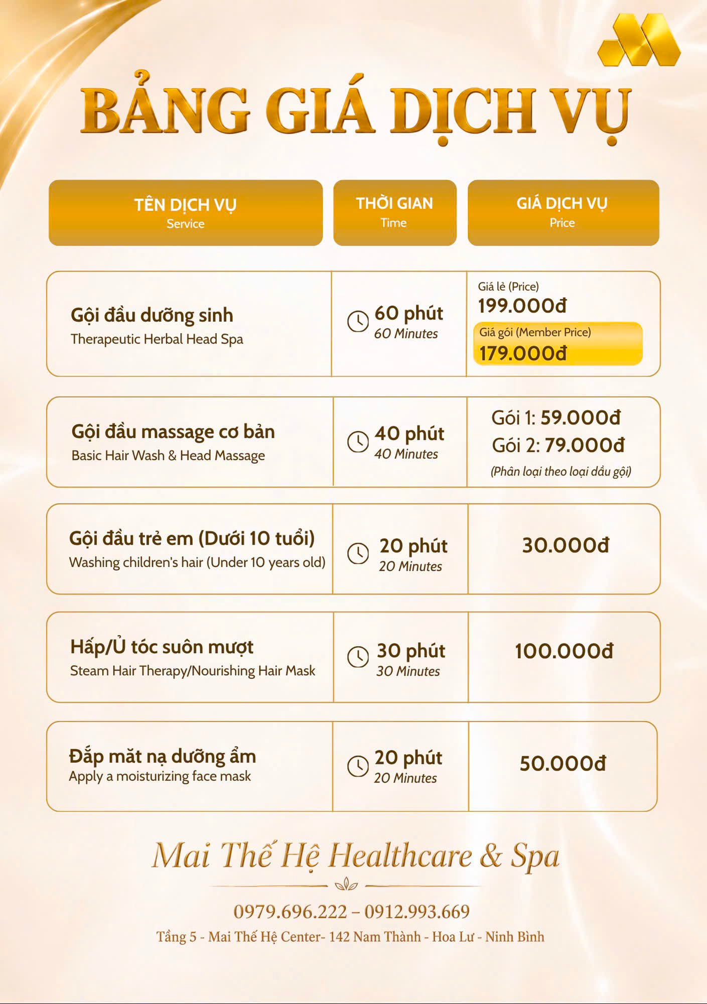Bảng giá dịch vụ Gội đầu Mai Thế Hệ Healthcare & Spa